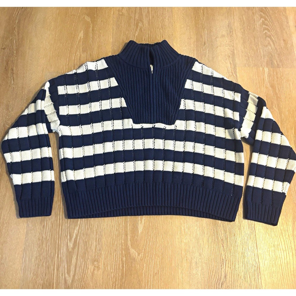 Crop Striped Quarter Zip Sweater Women XL Navy Blue White HalfZip Knit A New Day